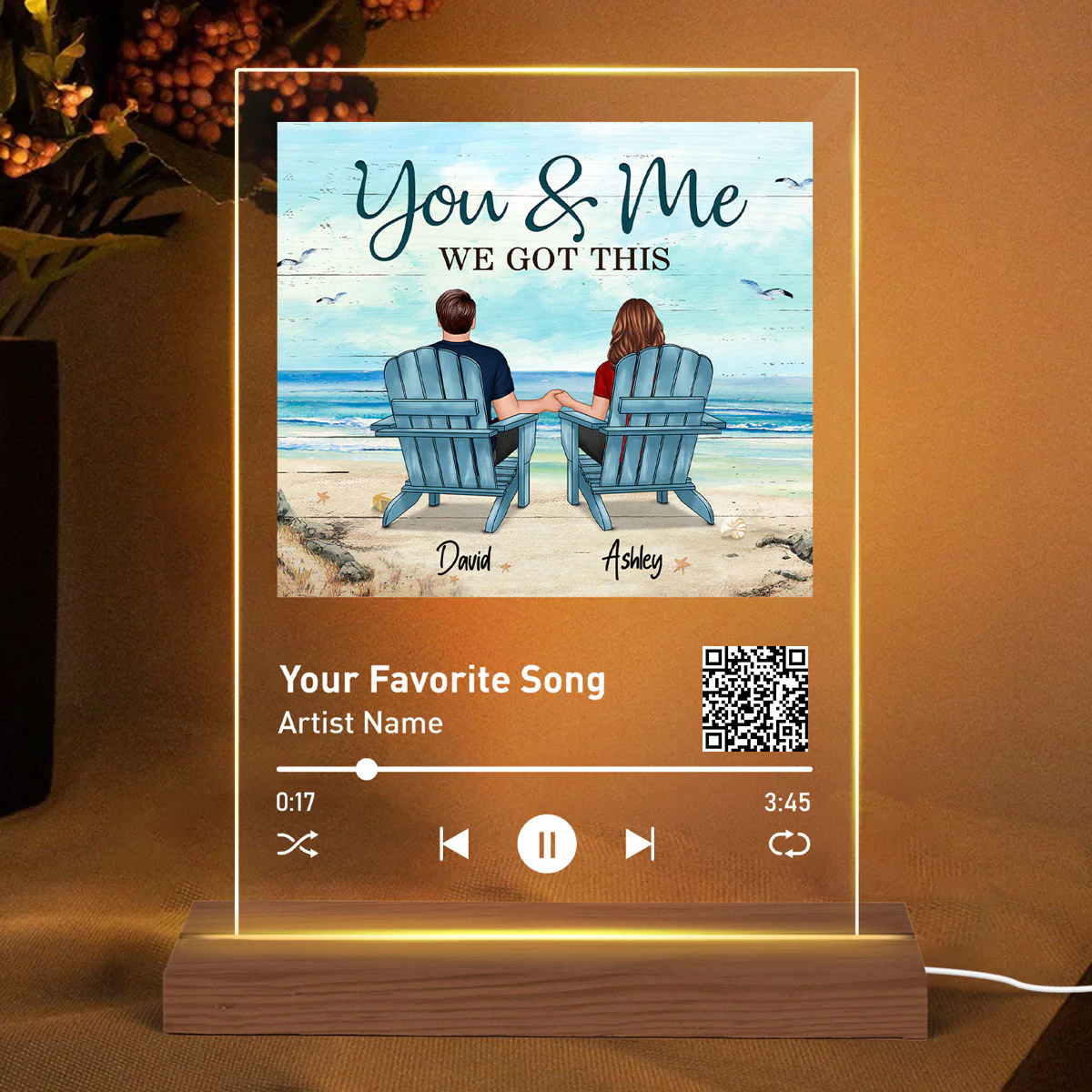 Back View Couple Sitting Beach Landscape Favorite Song Scannable QR Code Gift For Him For Her Personalized Rectangle Acrylic Plaque LED Night Light
