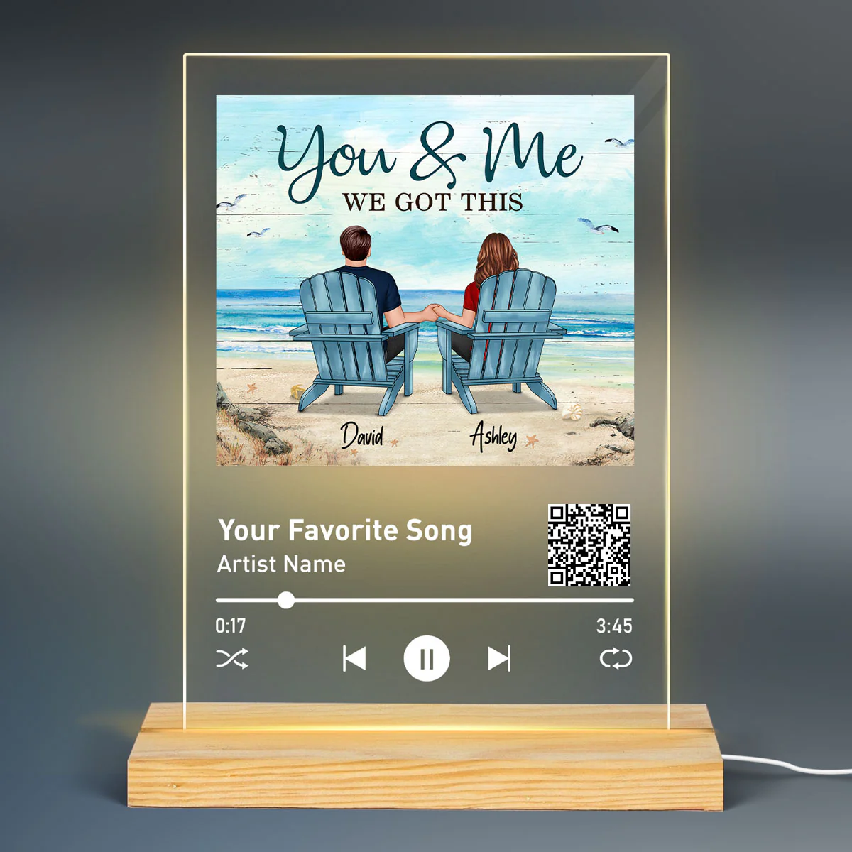 Back View Couple Sitting Beach Landscape Favorite Song Scannable QR Code Gift For Him For Her Personalized Rectangle Acrylic Plaque LED Night Light - Image 2