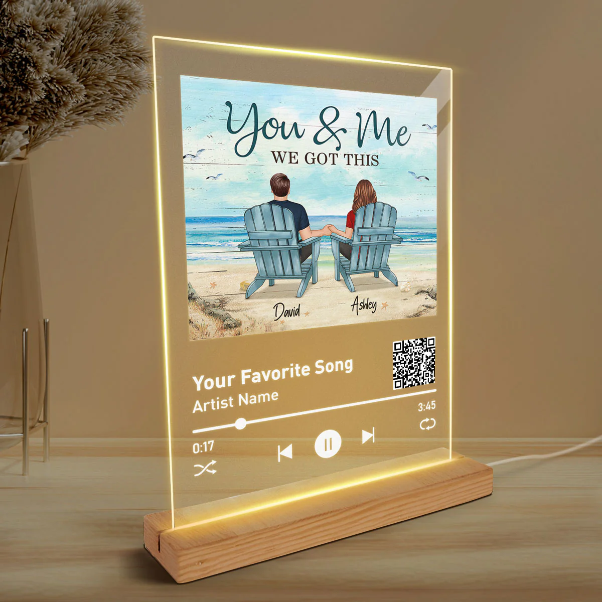 Back View Couple Sitting Beach Landscape Favorite Song Scannable QR Code Gift For Him For Her Personalized Rectangle Acrylic Plaque LED Night Light - Image 3