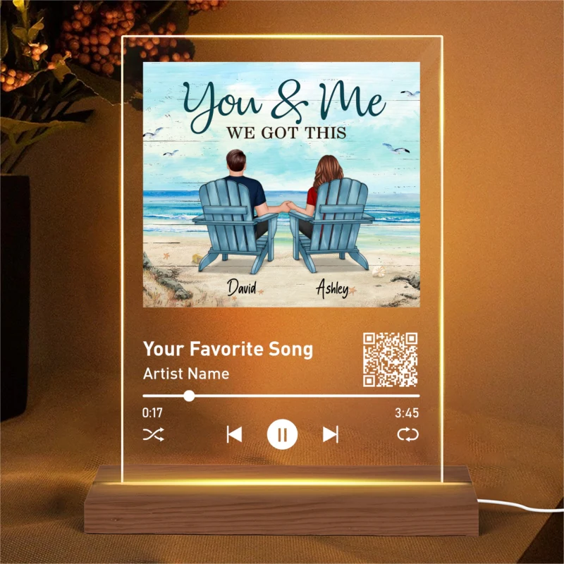 Back View Couple Sitting Beach Landscape Favorite Song Scannable QR Code Gift For Him For Her Personalized Rectangle Acrylic Plaque LED Night Light - Image 4