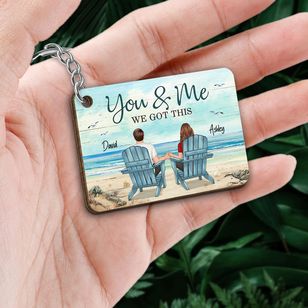 Back View Couple Sitting Beach Landscape Gift For Him For Her Personalized Wooden Keychain - Image 2