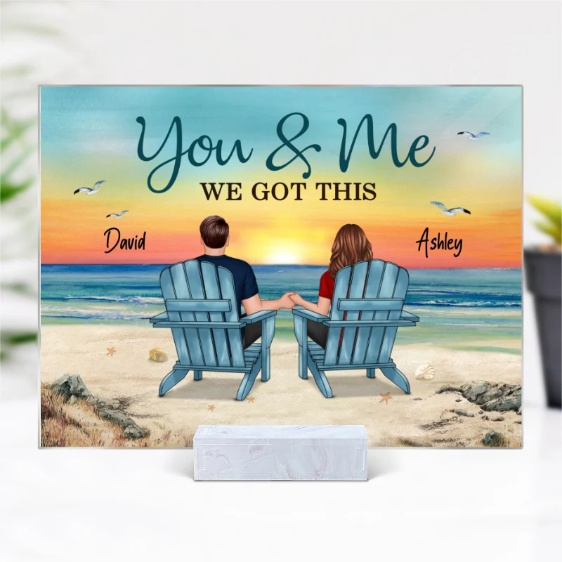 Back View Couple Sitting Beach Landscape Personalized Acrylic Plaque - Image 4