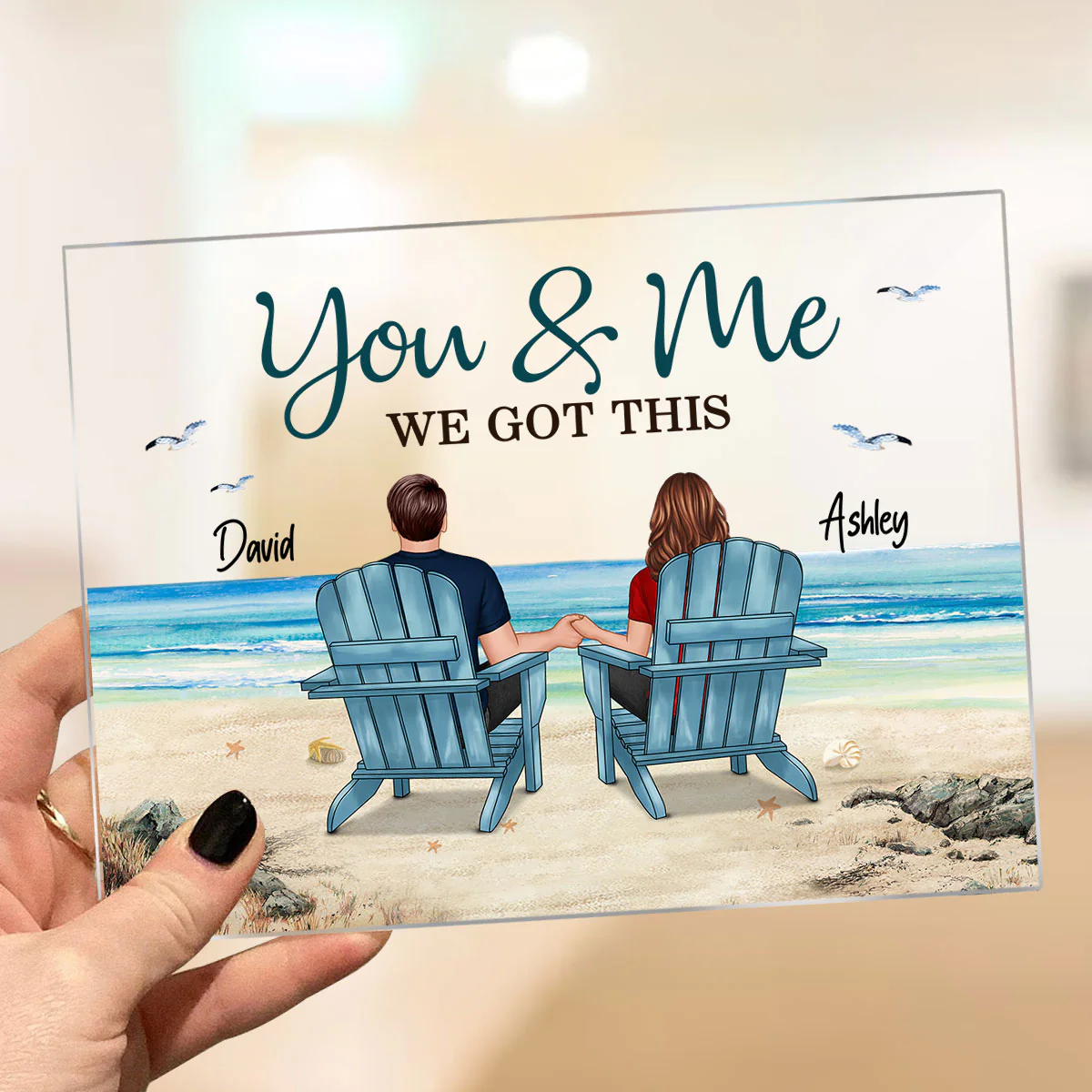 Back View Couple Sitting Beach Landscape Personalized Acrylic Plaque - Image 3