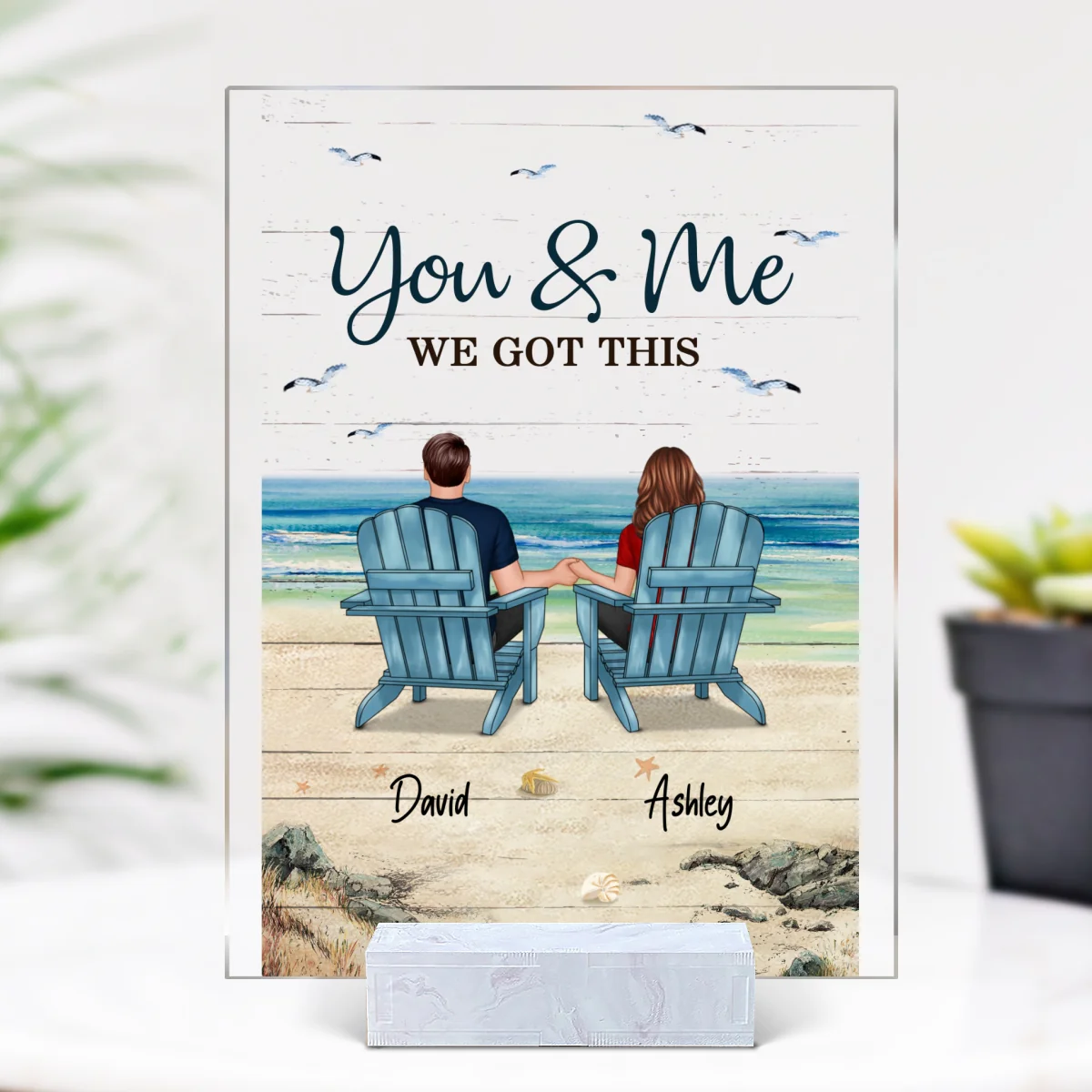 Back View Couple Sitting Beach Landscape Personalized Acrylic Plaque - Image 3