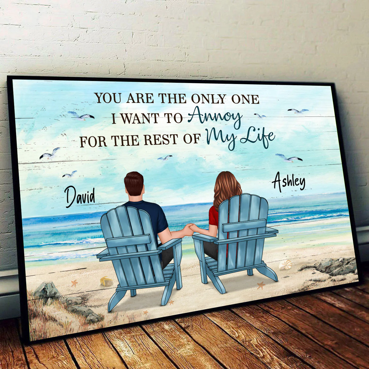 Back View Couple Sitting Beach Landscape Personalized Horizontal Poster - Image 2