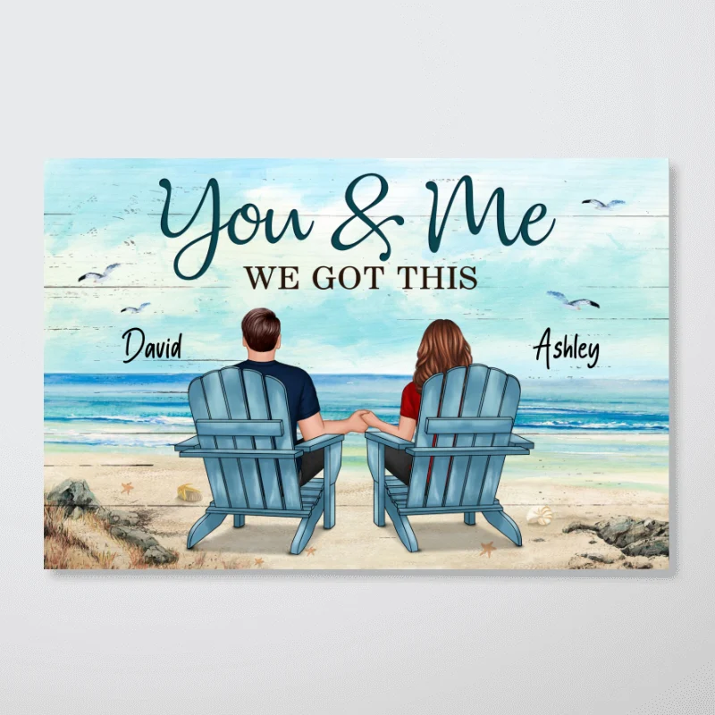 Back View Couple Sitting Beach Landscape Personalized Horizontal Poster