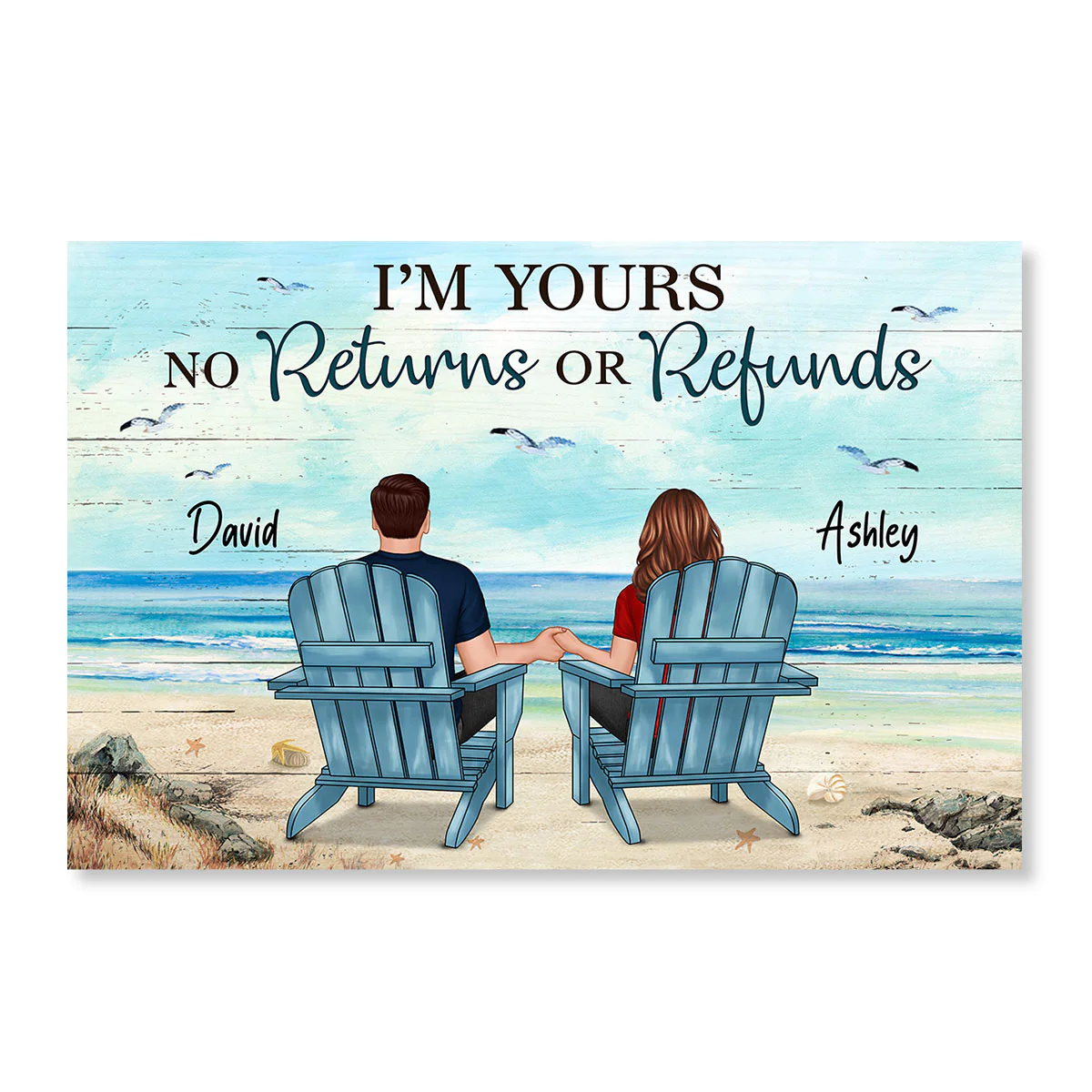 Back View Couple Sitting Beach Landscape Personalized Horizontal Poster