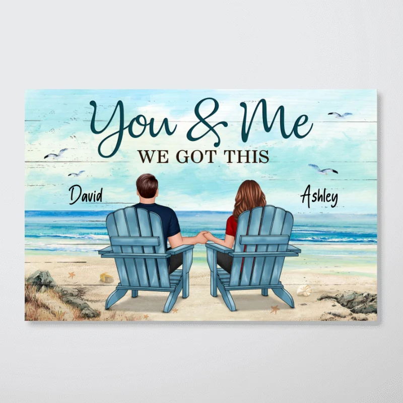 Back View Couple Sitting Beach Landscape Personalized Horizontal Poster - Image 3