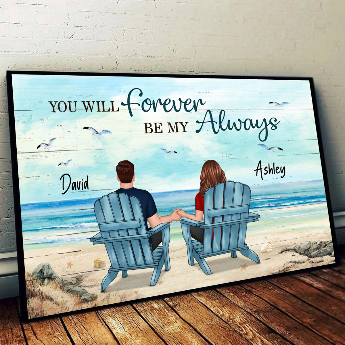 Back View Couple Sitting Beach Landscape Personalized Horizontal Poster - Image 2