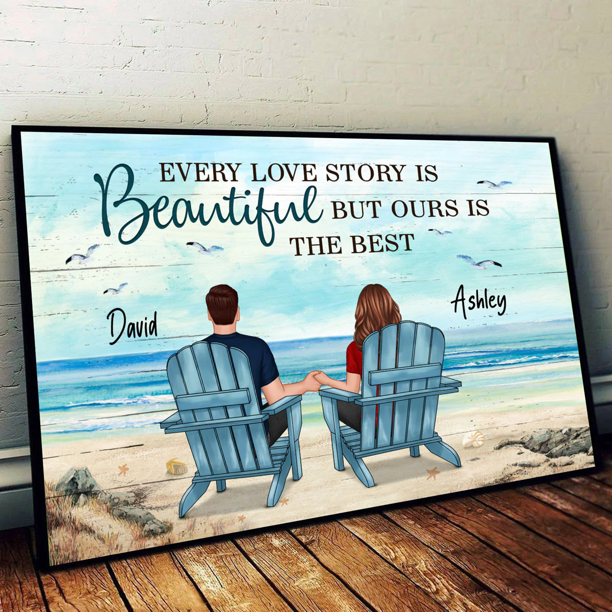 Back View Couple Sitting Beach Landscape Personalized Horizontal Poster - Image 2