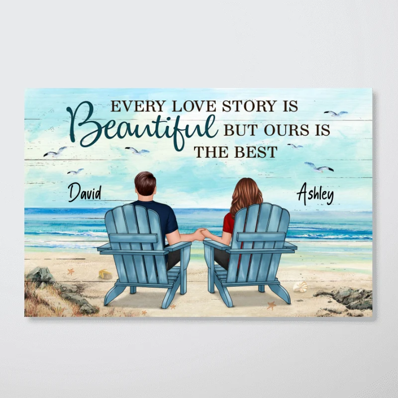 Back View Couple Sitting Beach Landscape Personalized Horizontal Poster - Image 3