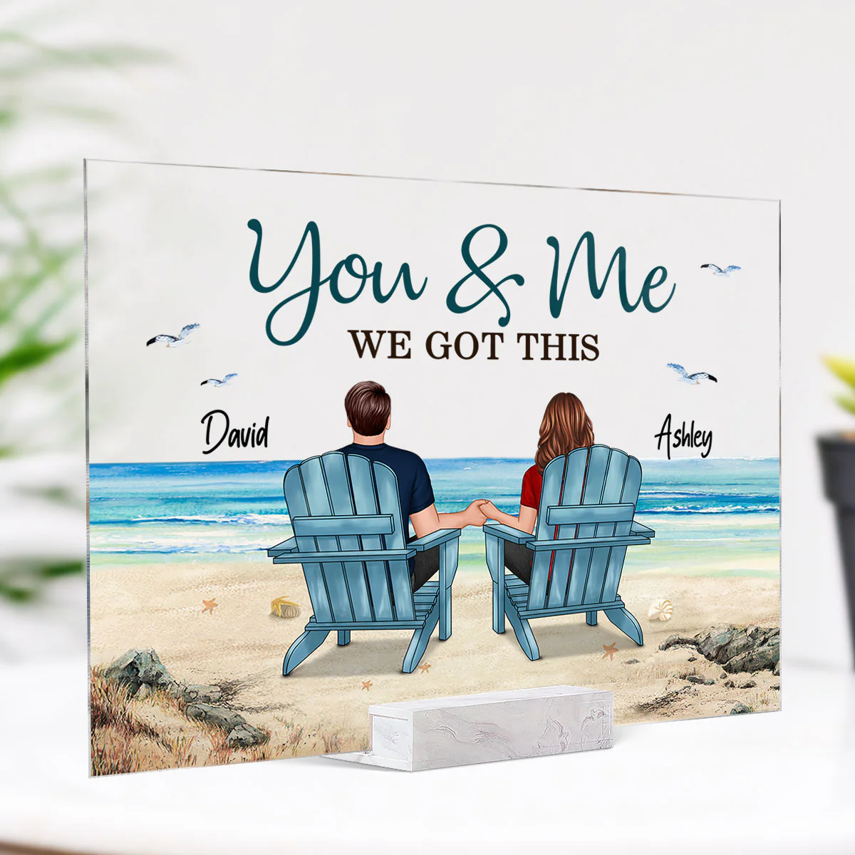 Back View Couple Sitting Beach Landscape Personalized Acrylic Plaque - Image 3