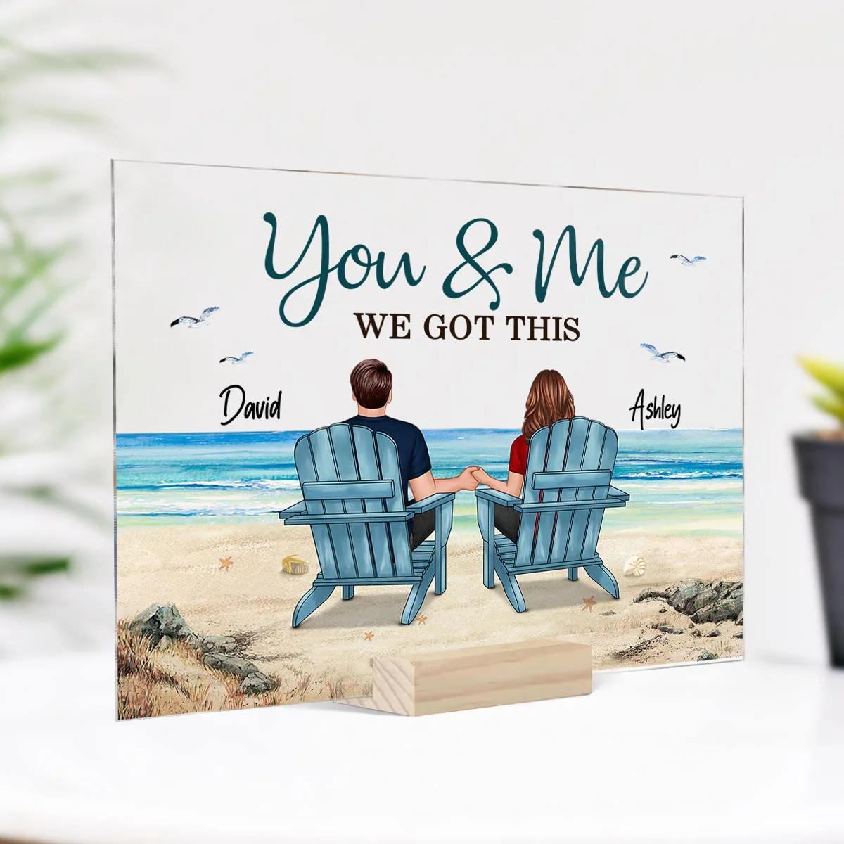 Back View Couple Sitting Beach Landscape Personalized Acrylic Plaque - Image 4