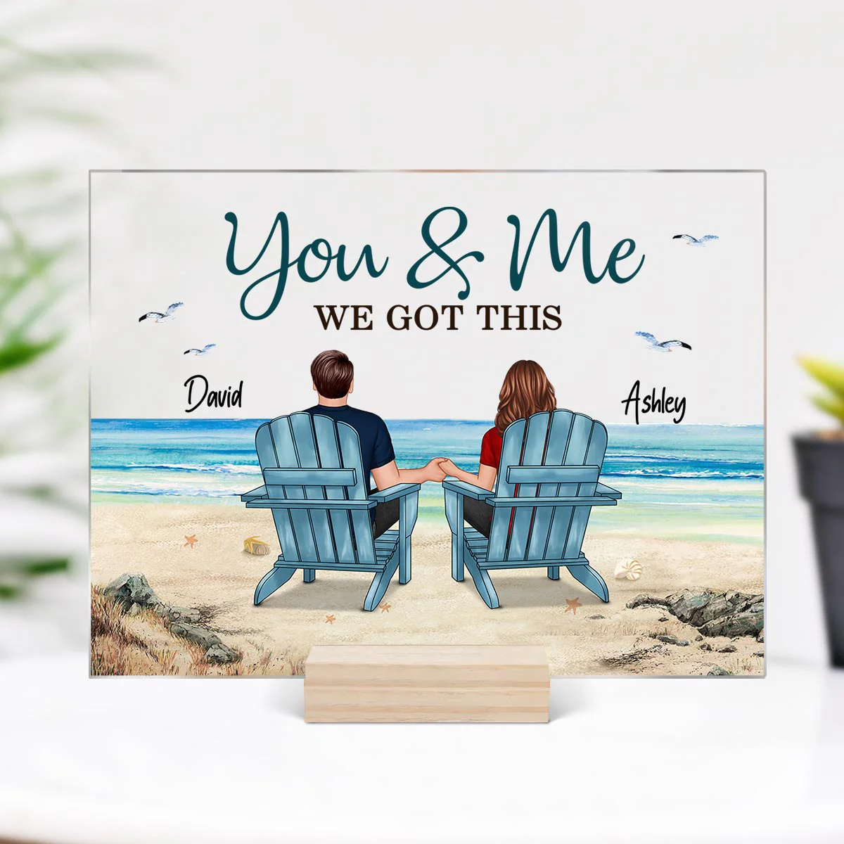 Back View Couple Sitting Beach Landscape Personalized Acrylic Plaque - Image 2