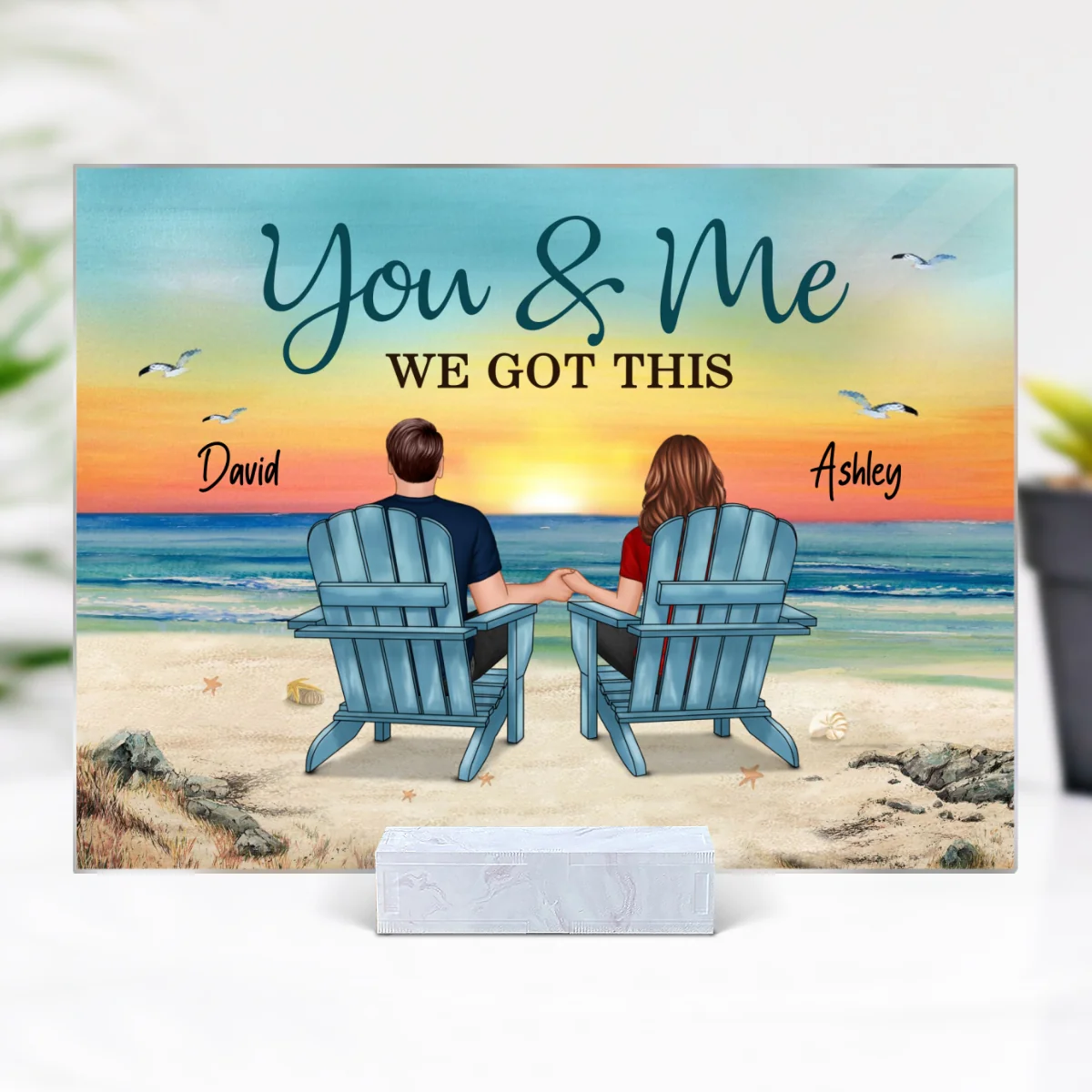 Back View Couple Sitting Beach Landscape Personalized Acrylic Plaque - Image 6