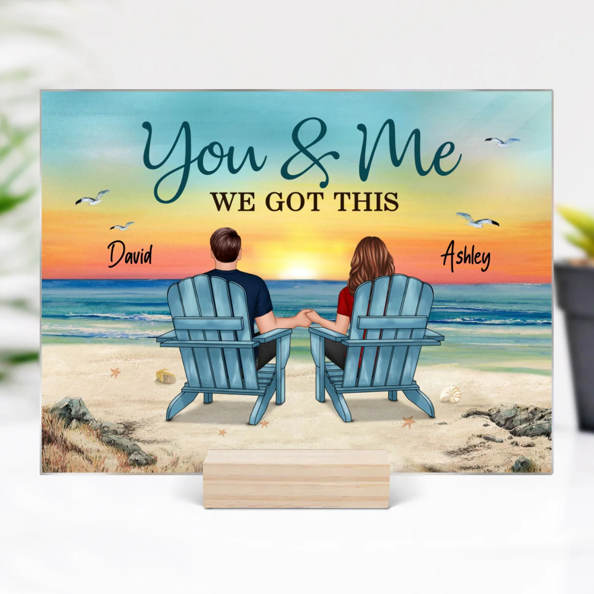 Back View Couple Sitting Beach Landscape Personalized Acrylic Plaque - Image 7