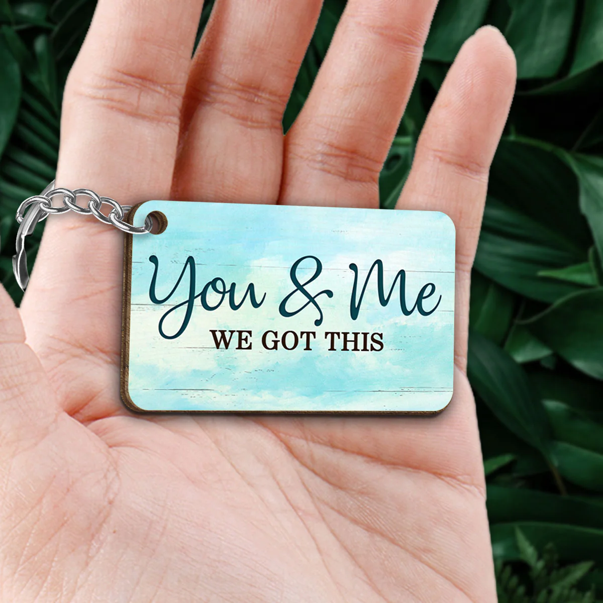 Back View Couple Sitting Beach Landscape Personalized Wooden Keychain - Image 2