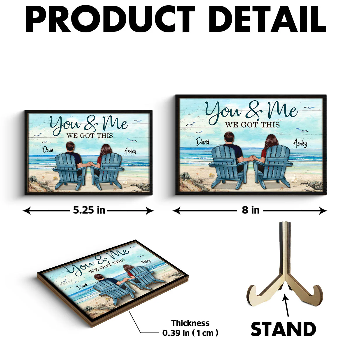 Back View Couple Sitting Beach Landscape Personalized 2-Layer Wooden Plaque - Image 6