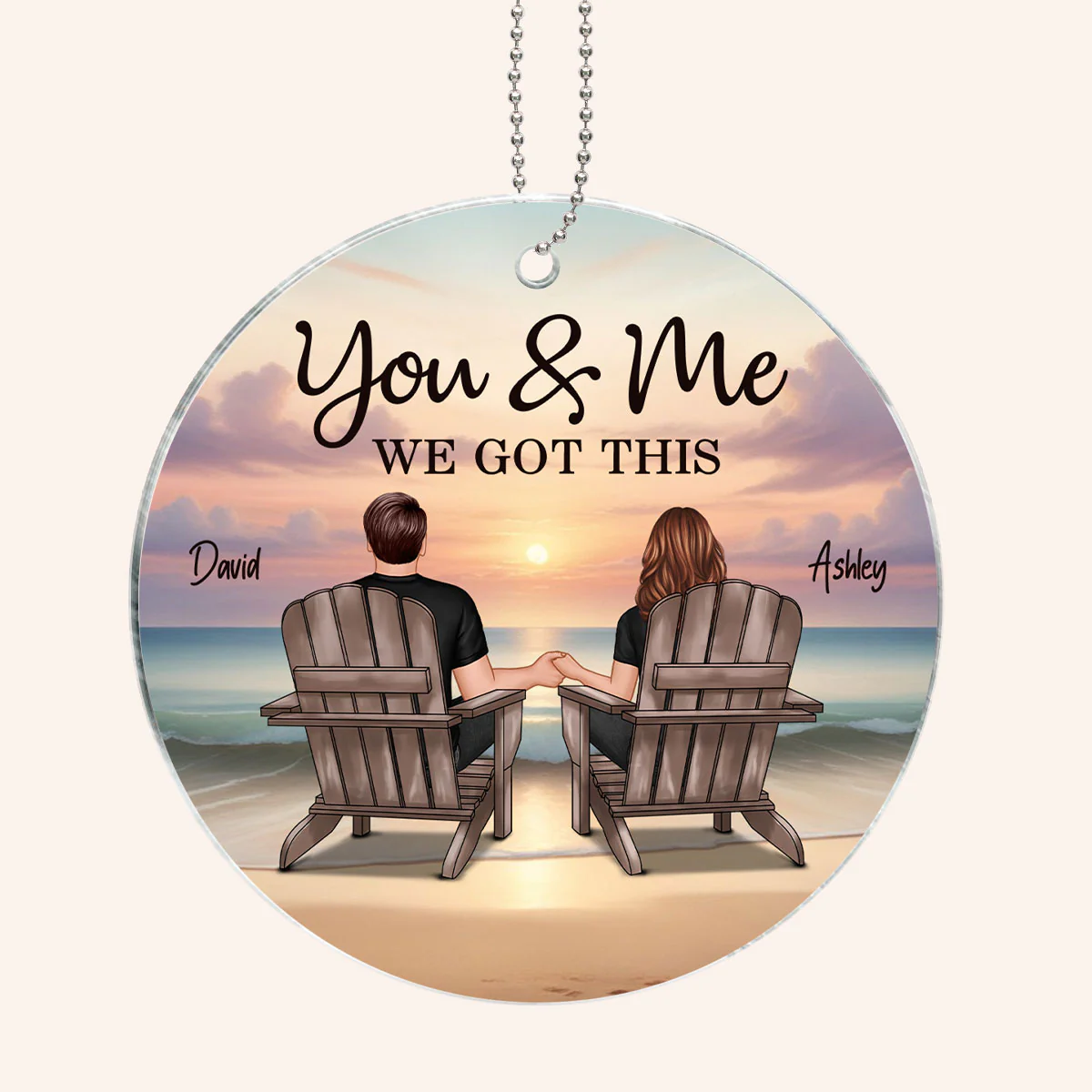 Back View Couple Sitting Beach Landscape Personalized Acrylic Ornament - Image 2