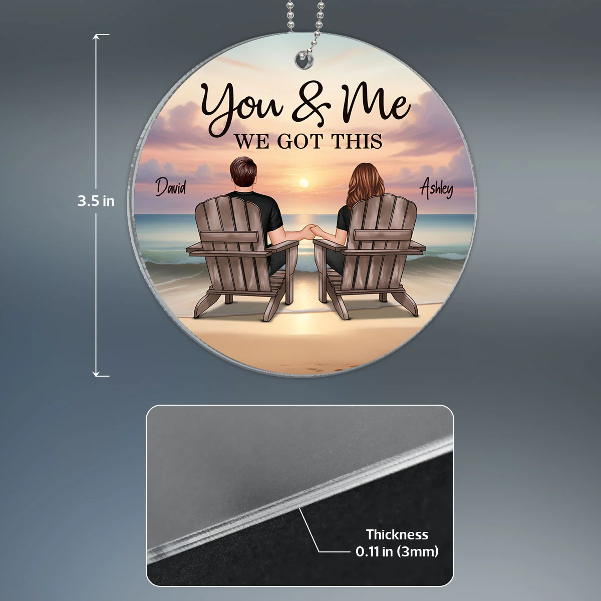 Back View Couple Sitting Beach Landscape Personalized Acrylic Ornament - Image 4