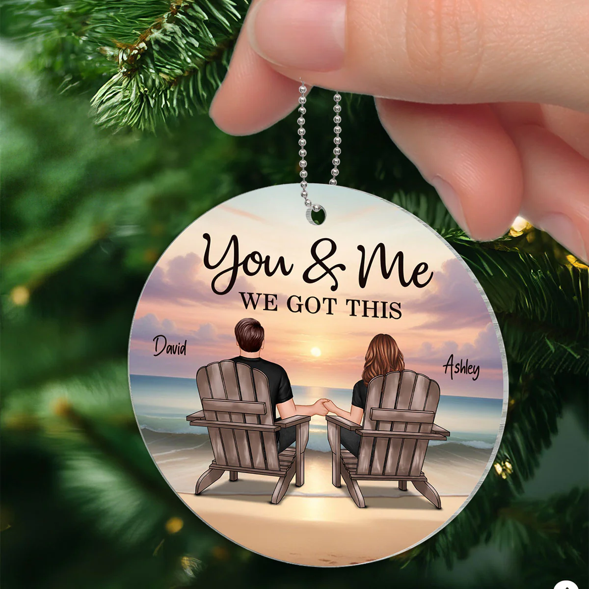 Back View Couple Sitting Beach Landscape Personalized Acrylic Ornament - Image 5
