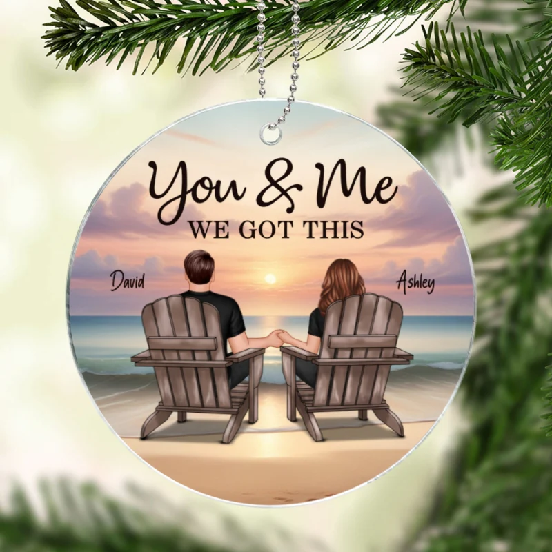 Back View Couple Sitting Beach Landscape Personalized Acrylic Ornament - Image 6