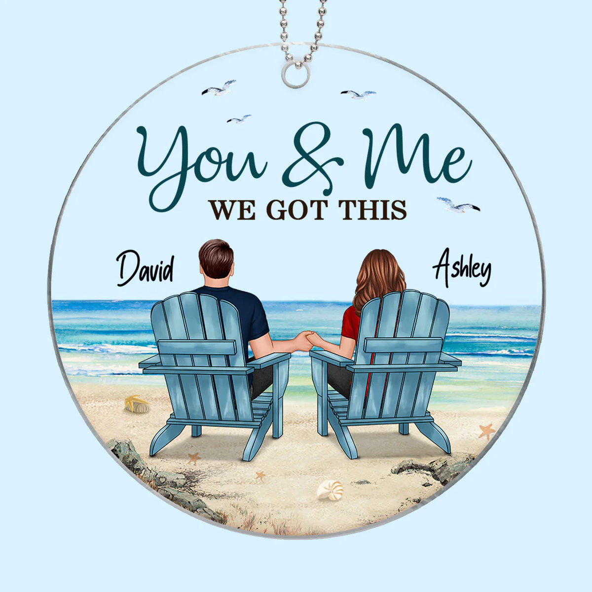 Back View Couple Sitting Beach Landscape Personalized Acrylic Ornament - Image 2