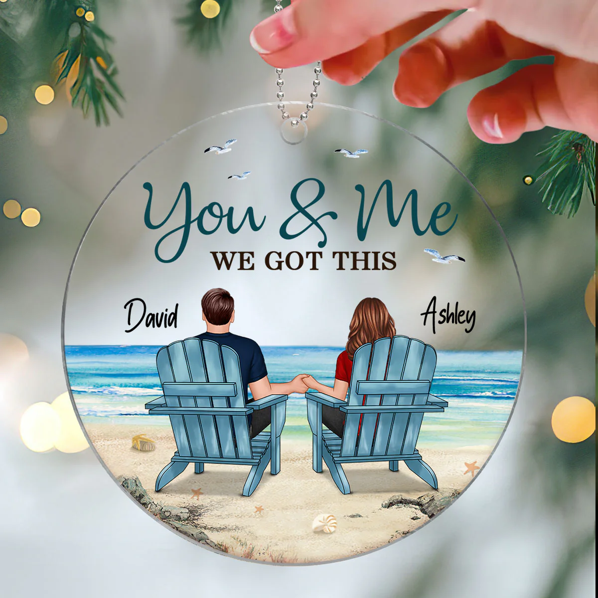 Back View Couple Sitting Beach Landscape Personalized Acrylic Ornament - Image 3