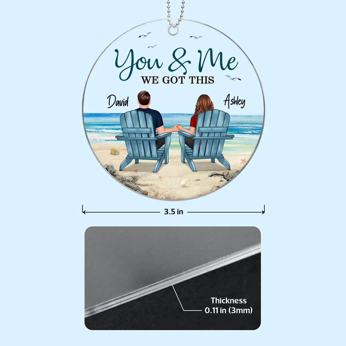 Back View Couple Sitting Beach Landscape Personalized Acrylic Ornament - Image 4