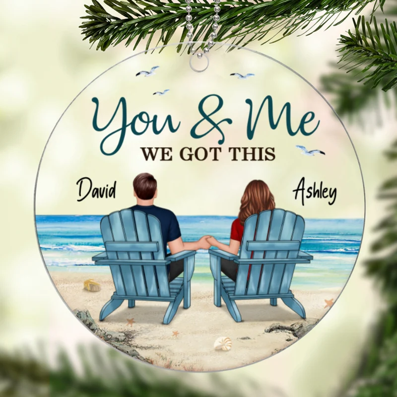 Back View Couple Sitting Beach Landscape Personalized Acrylic Ornament - Image 5