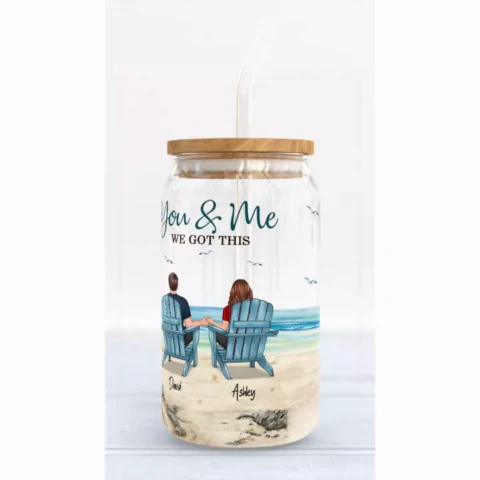Back View Couple Sitting Beach Landscape Personalized Clear Glass Can - Image 2