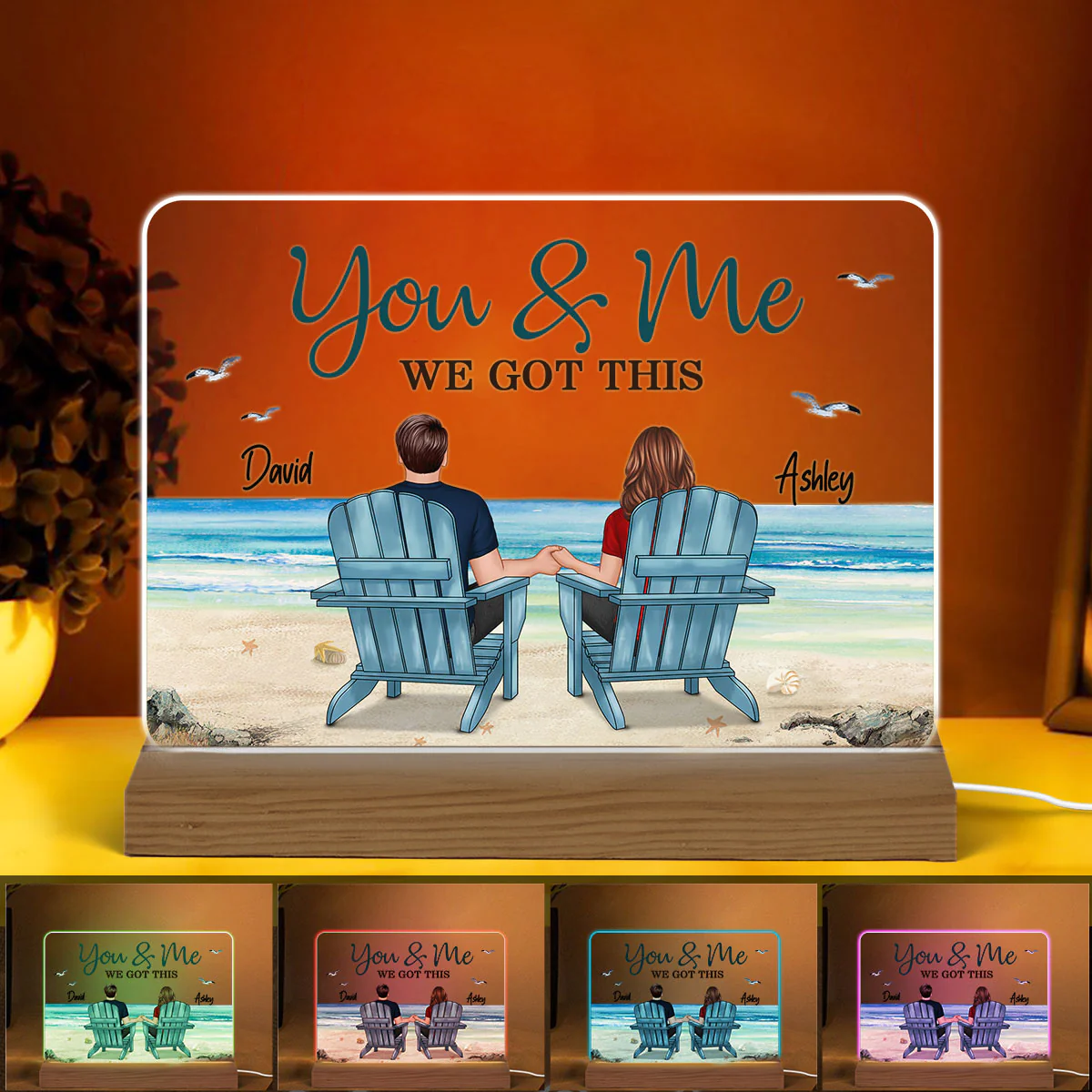 Back View Couple Sitting Beach Landscape Personalized Custom Shape Acrylic Plaque LED Night Light