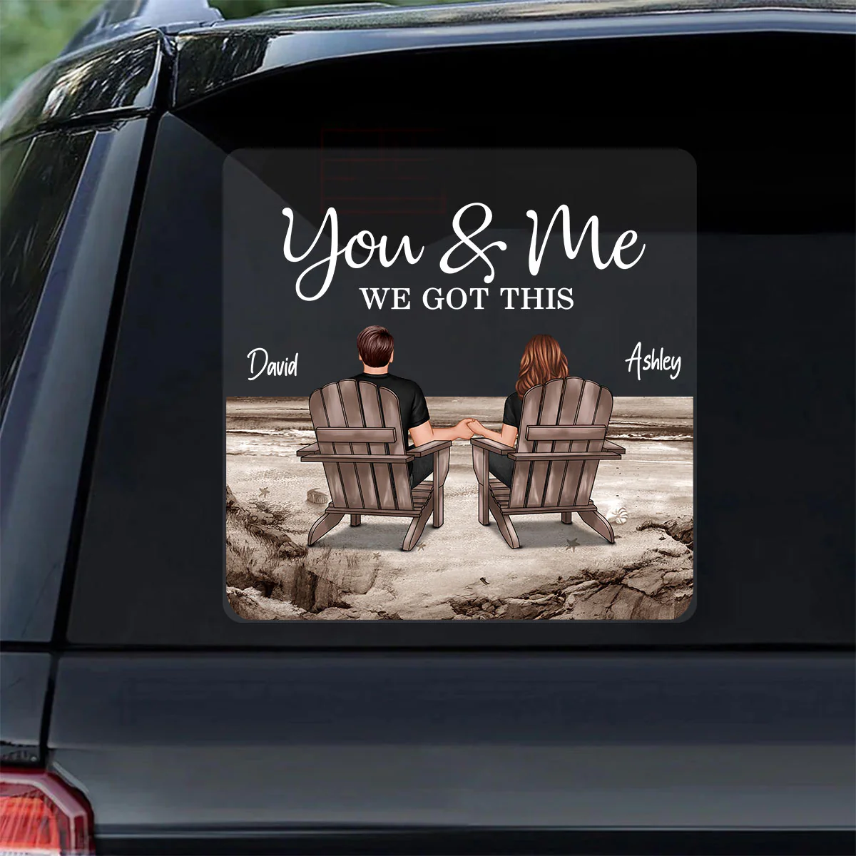 Back View Couple Sitting Beach Landscape Personalized Decal