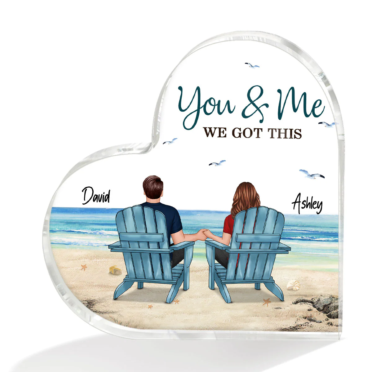 Back View Couple Sitting Beach Landscape Personalized Heart Acrylic Plaque - Image 2