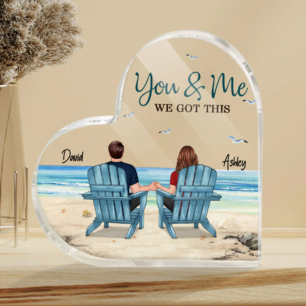 Back View Couple Sitting Beach Landscape Personalized Heart Acrylic Plaque - Image 3