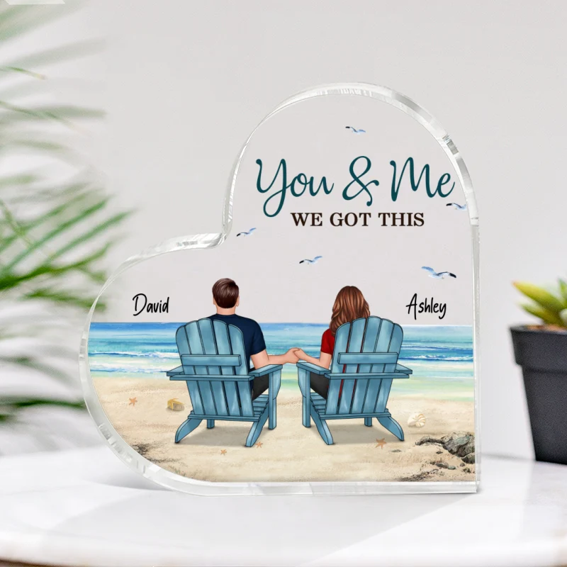 Back View Couple Sitting Beach Landscape Personalized Heart Acrylic Plaque - Image 4