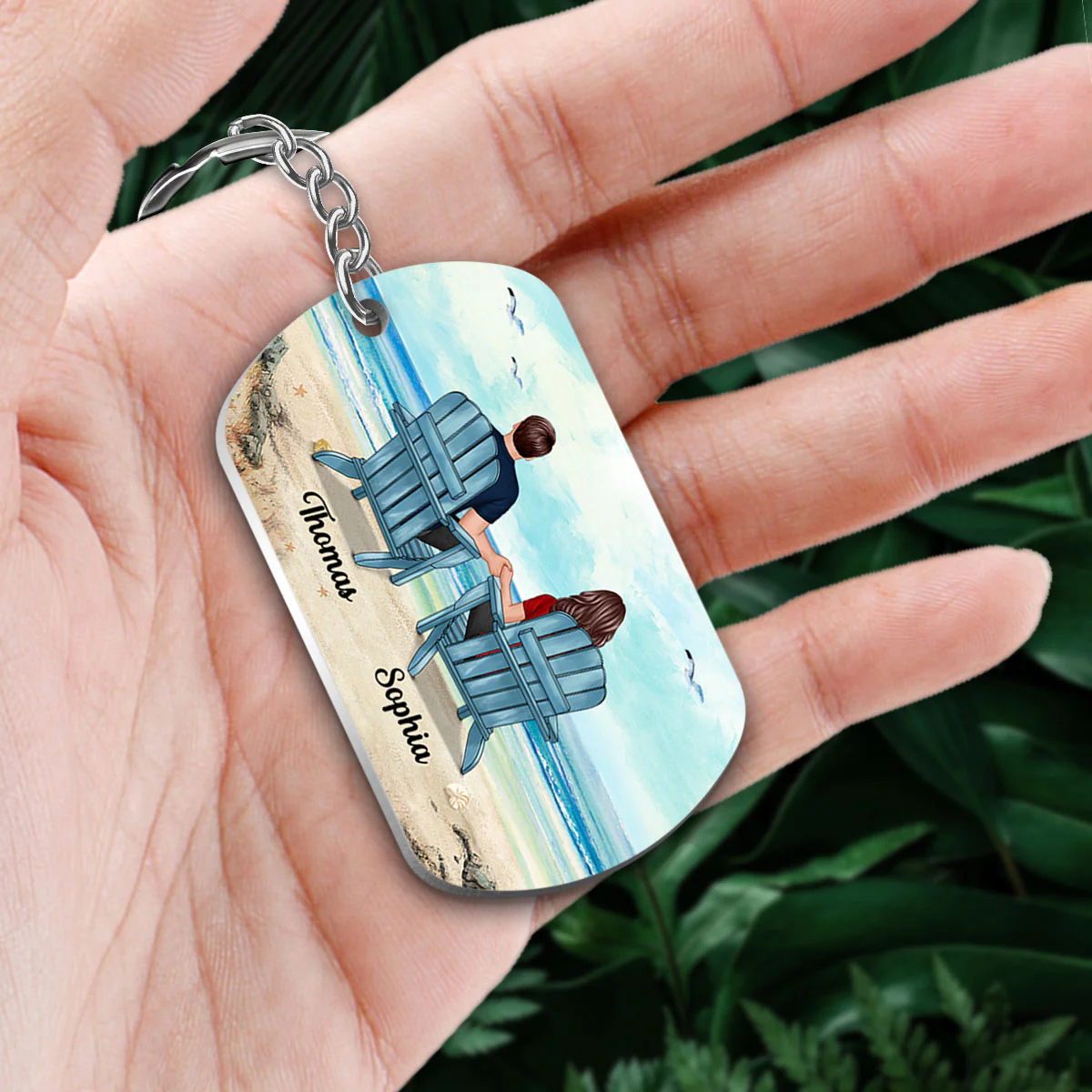 Back View Couple Sitting Beach Landscape Personalized Metal Keychain - Image 2