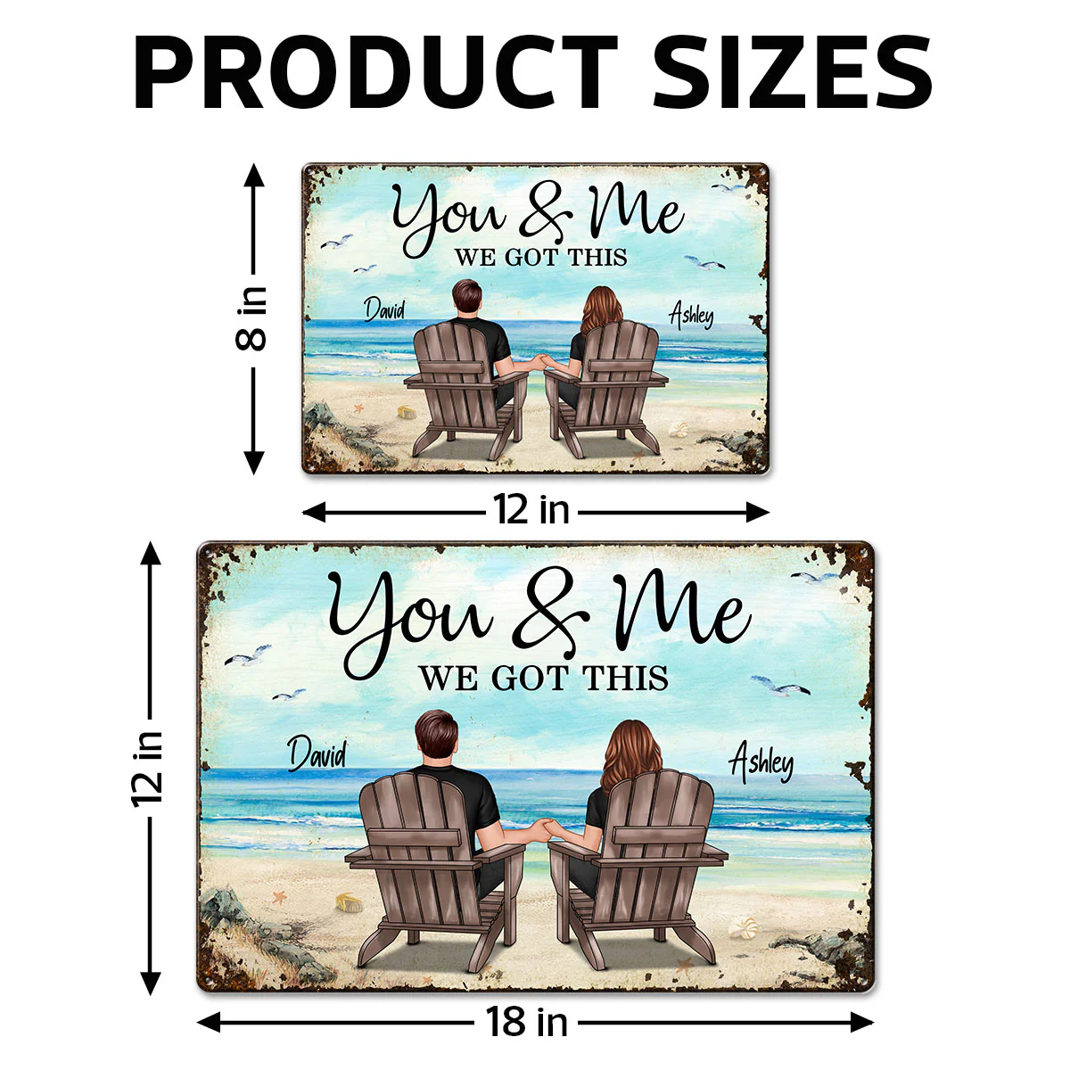 Back View Couple Sitting Beach Landscape Personalized Metal Sign - Image 11