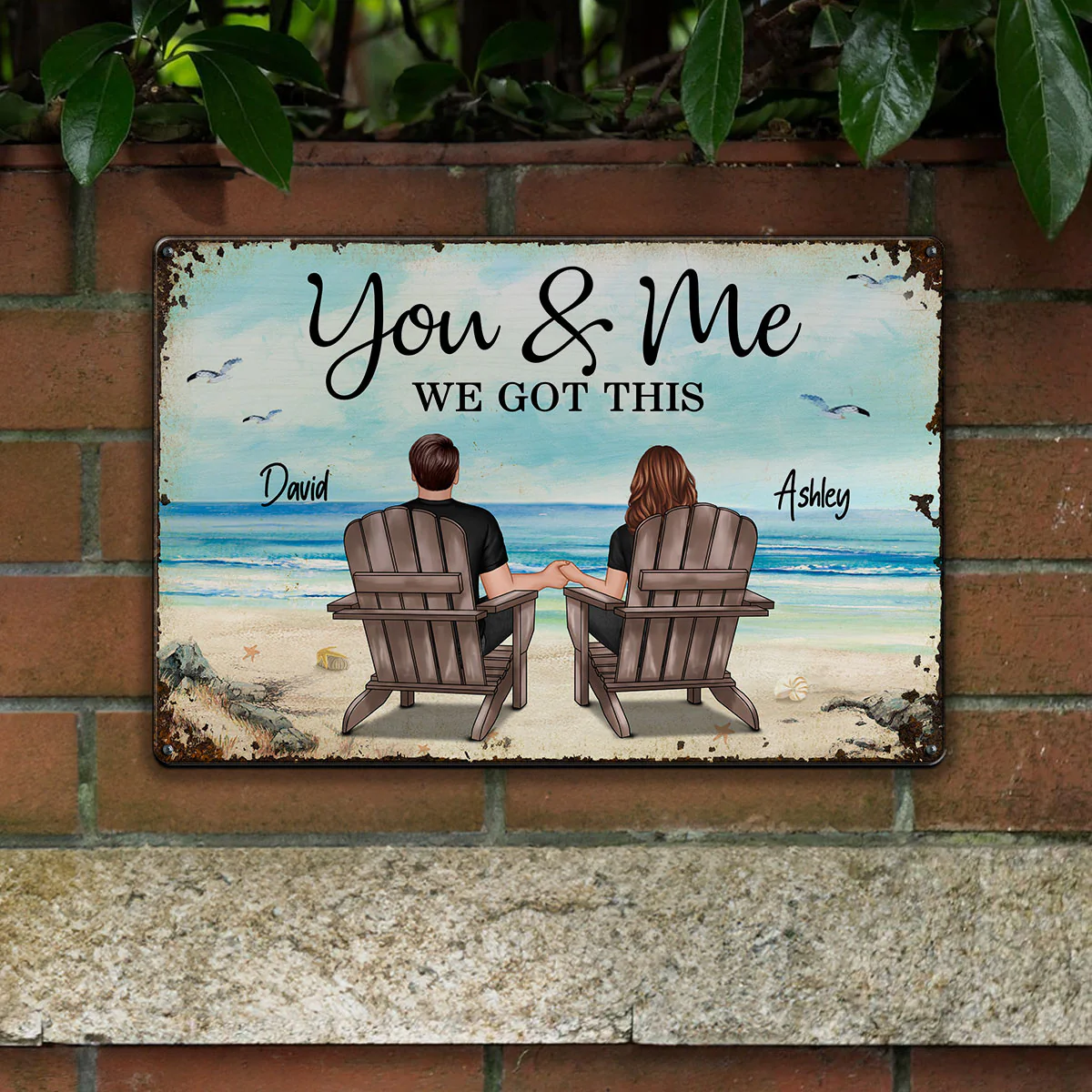 Back View Couple Sitting Beach Landscape Personalized Metal Sign - Image 4