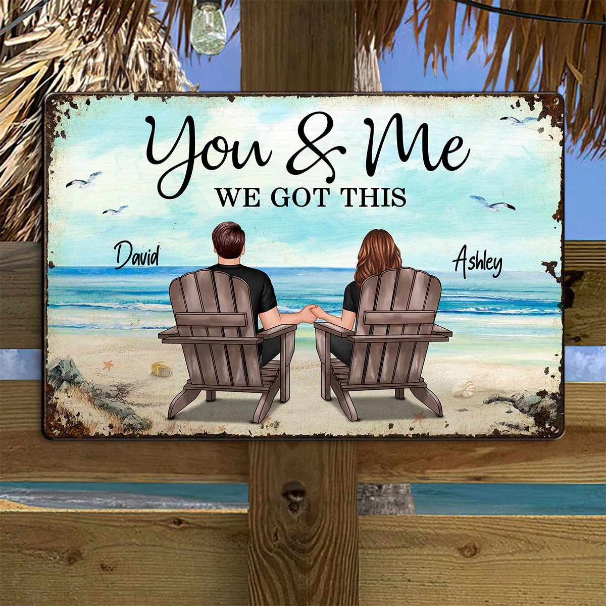 Back View Couple Sitting Beach Landscape Personalized Metal Sign - Image 5