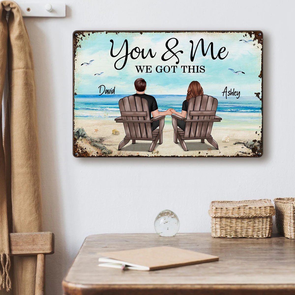 Back View Couple Sitting Beach Landscape Personalized Metal Sign - Image 7