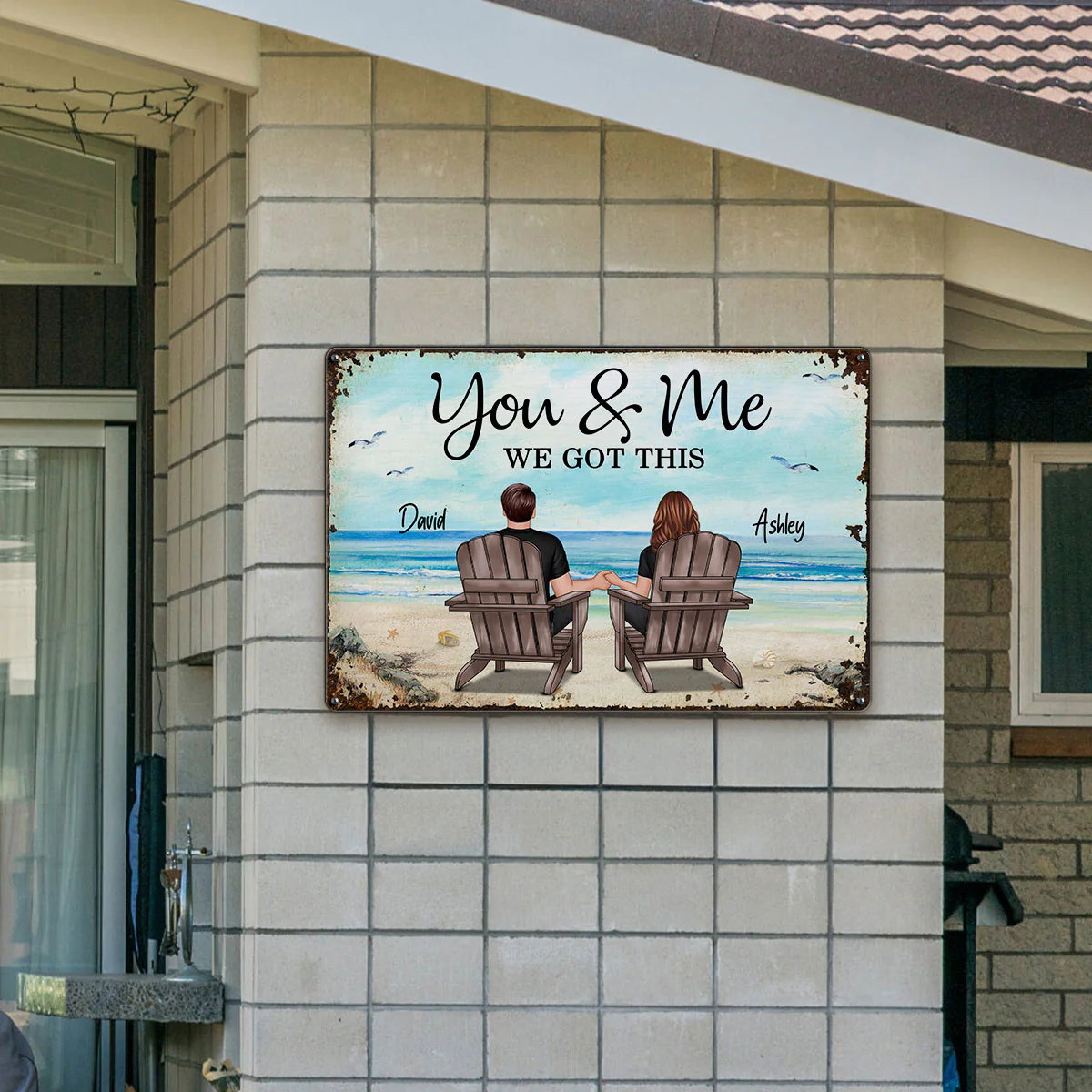 Back View Couple Sitting Beach Landscape Personalized Metal Sign - Image 9
