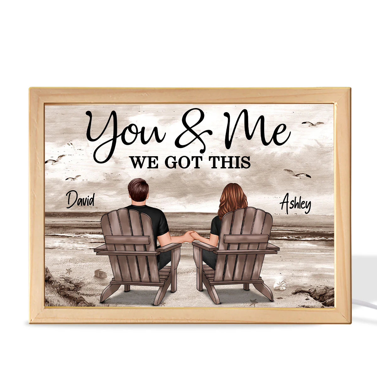 Back View Couple Sitting Beach Landscape Personalized Wooden Frame Light Box - Image 2