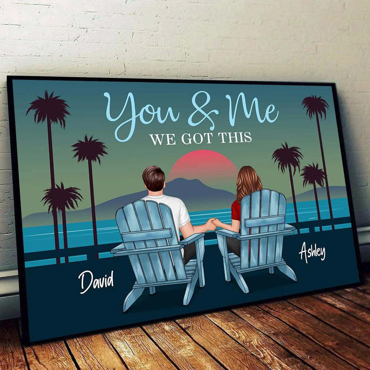 Back View Couple Sitting Beach Landscape Retro Personalized Horizontal Poster - Image 2