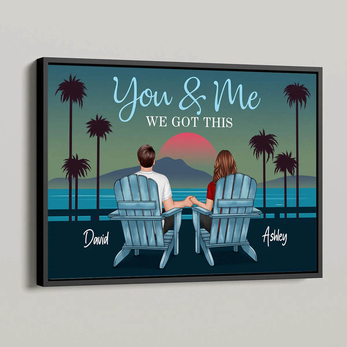 Back View Couple Sitting Beach Landscape Retro Personalized Horizontal Poster - Image 4