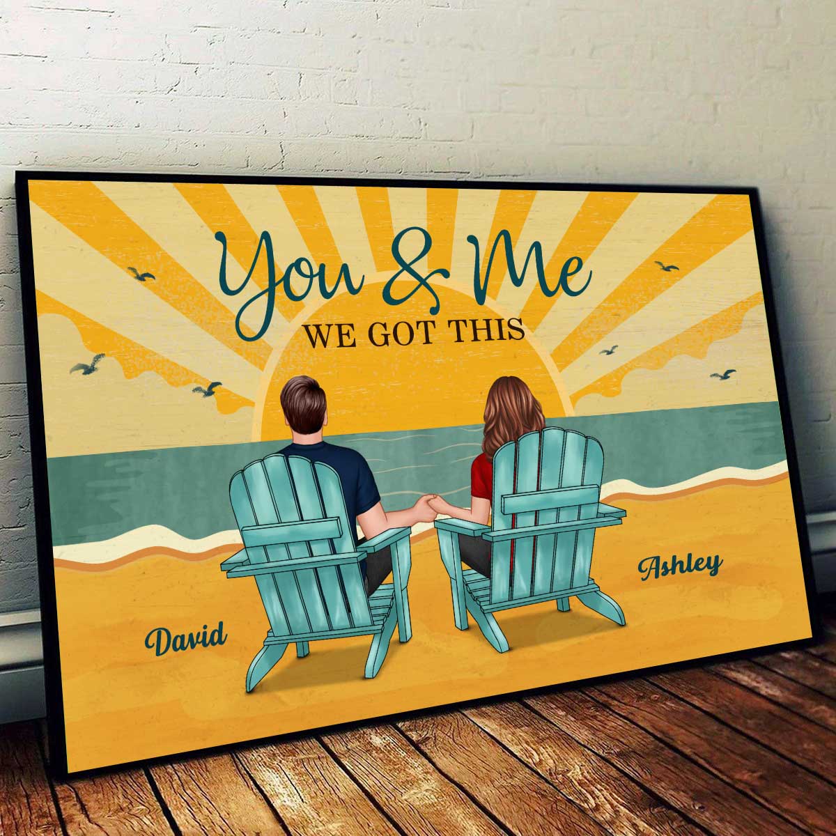 Back View Couple Sitting Beach Landscape Retro Yellow Personalized Horizontal Poster - Image 2