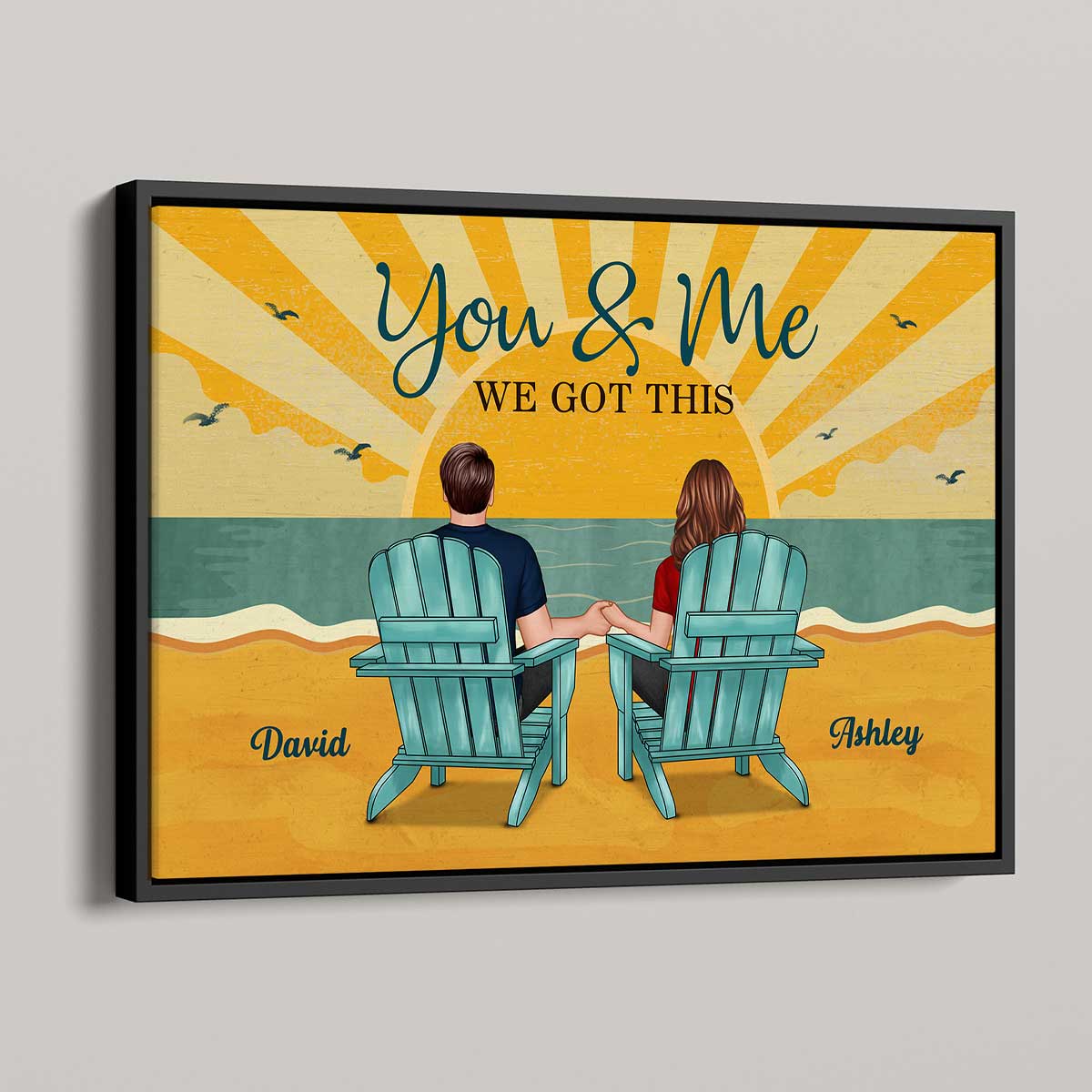 Back View Couple Sitting Beach Landscape Retro Yellow Personalized Horizontal Poster - Image 4