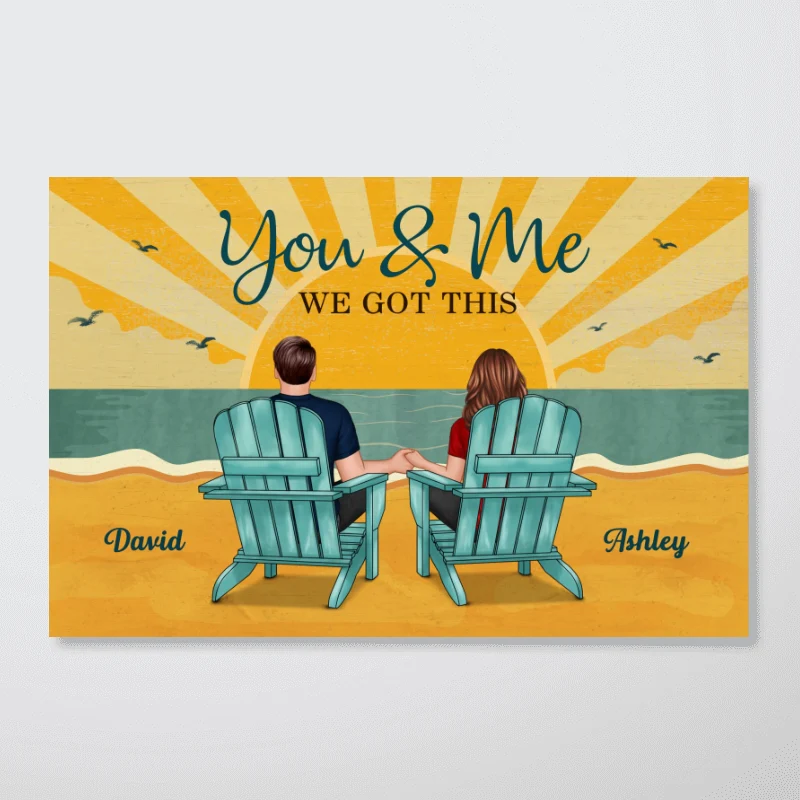 Back View Couple Sitting Beach Landscape Retro Yellow Personalized Horizontal Poster - Image 6