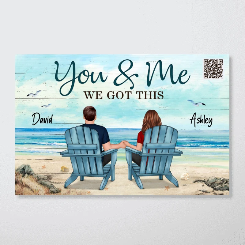 Back View Couple Sitting Beach Landscape Scannable QR Code To Favorite Song Personalized Horizontal Poster - Image 3