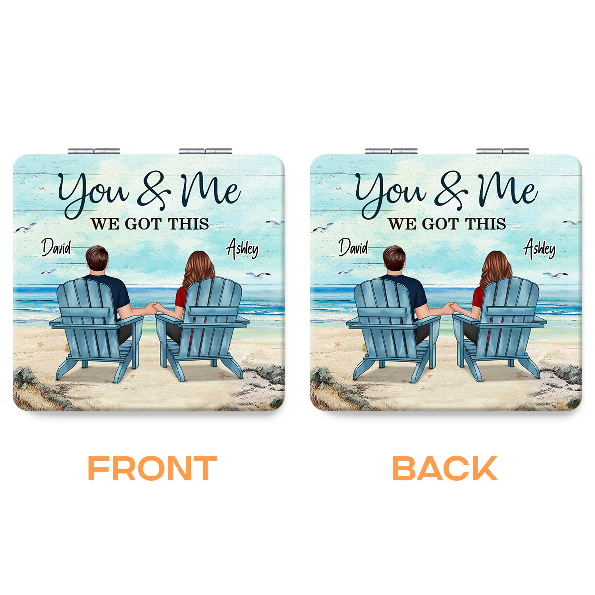 Back View Couple Sitting Beach Landscape You & Me We Got This Personalized Square Compact Mirror - Image 2